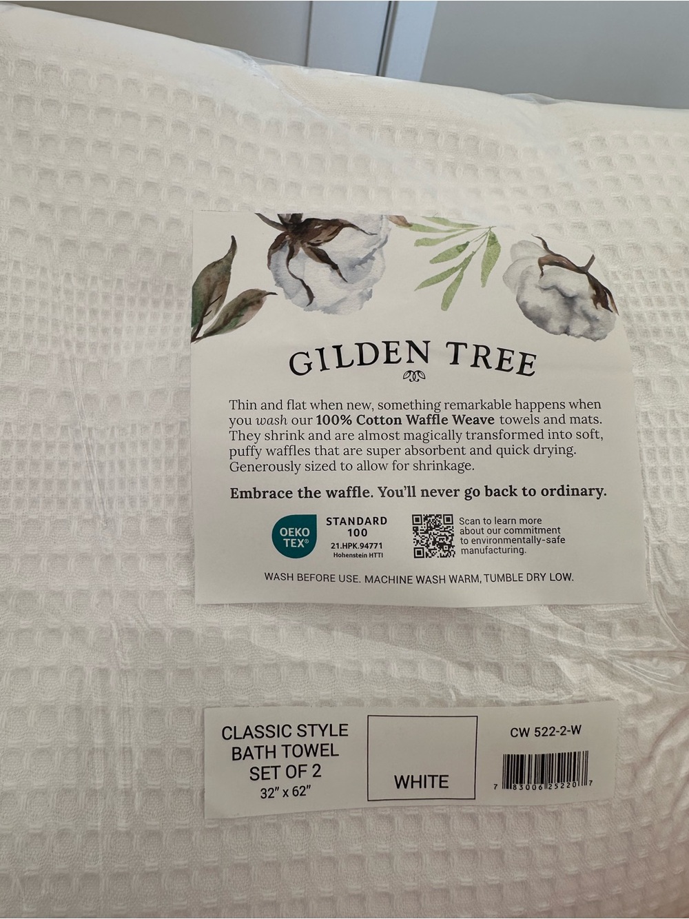 White Classic Style Cotton Waffle Bath Towel Set of 2